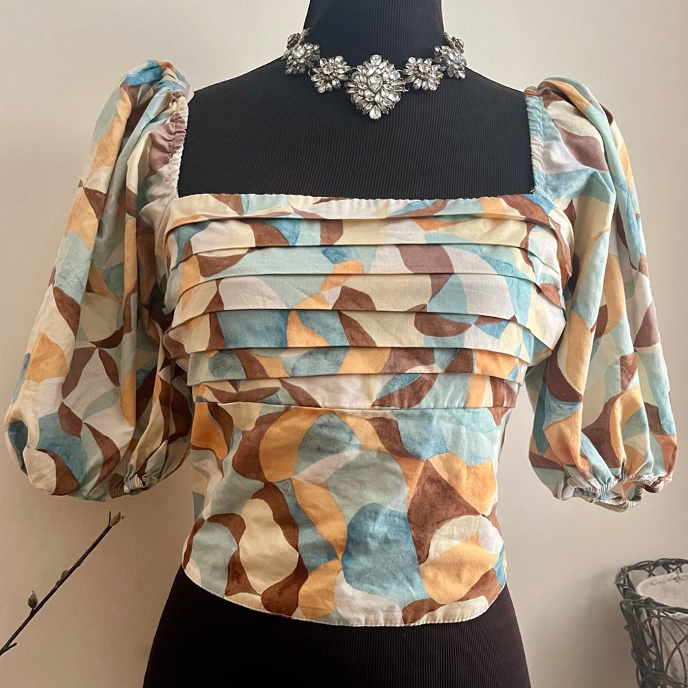Abercrombie & Fitch Blue and Tan Puff Sleeve Blouse